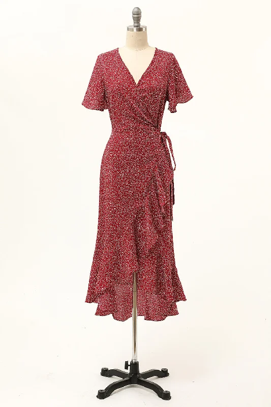 Summer Burgundy Print Wrap Casual Dress